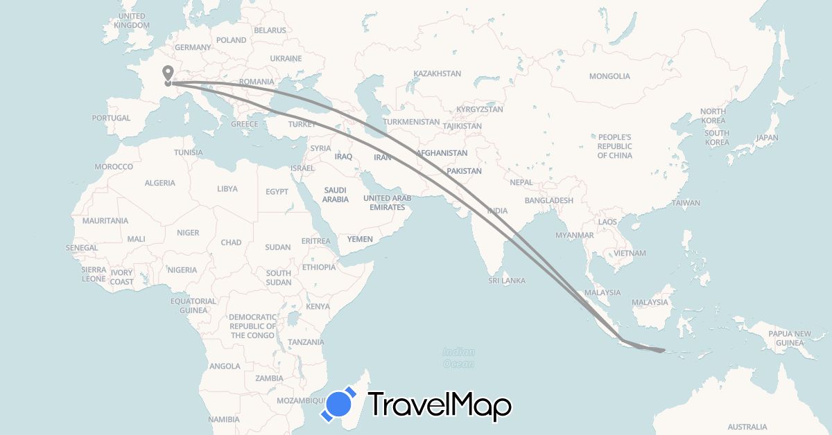 TravelMap itinerary: driving, plane in France, Indonesia, Turkey (Asia, Europe)